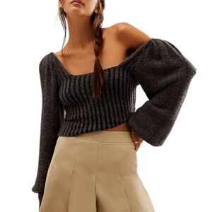 Free People Katie Pullover Black Ribbed Cropped Sweater Puff Long Sleeves Sz S